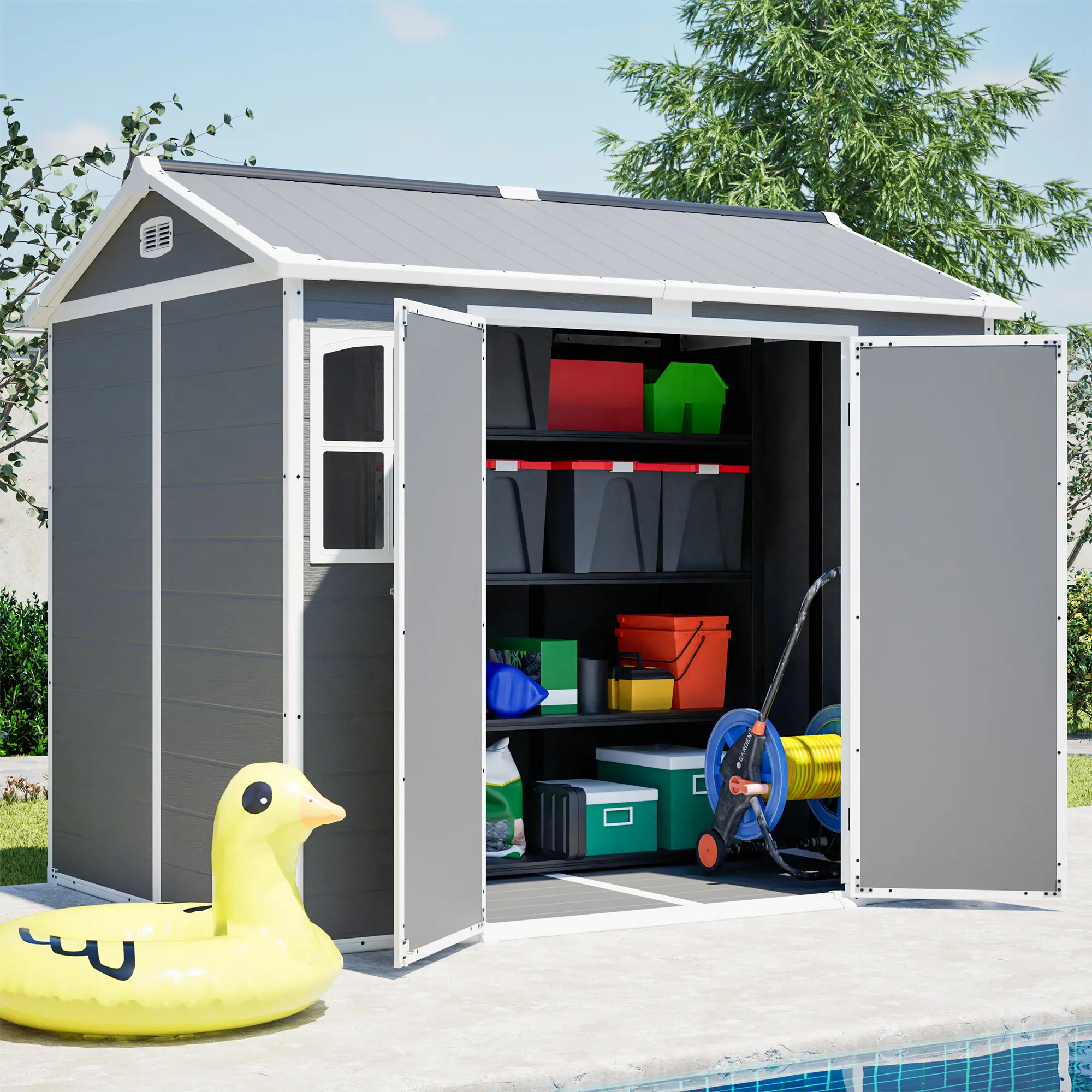Gray-White Polypropylene Outdoor Plastic Storage Shed (8x6 FT/2.44x1.83 m), Heavy-Duty Self-Assembly Shed with Lockable Doors, Built-in Floor, Chemical-Resistant Waterproof All-Weather Durability for Tool, Backyard Lawn Equipment Storage