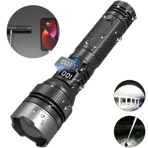 2-in-1 Rechargeable LED Flashlight-Power Bank, Black, Strong Compact Emergency Light Torches, with Digital Power Display, Zoomable, Adjustable Brightness, USB Port, USB Cable, for Outdoor Camping, Emergency Use