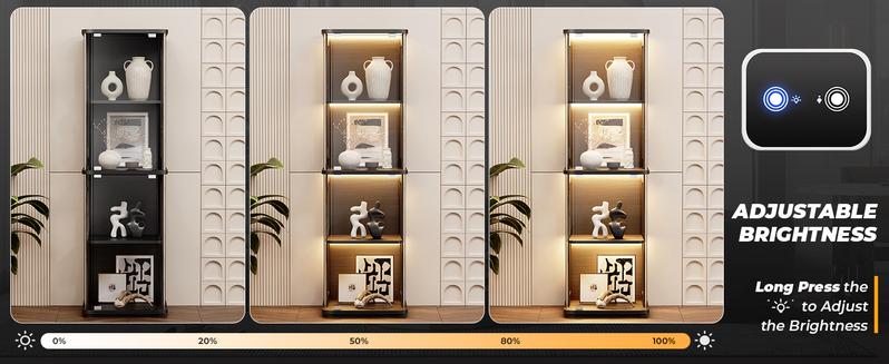 BROTTAR Rounded Display Cabinet with Glass Door, 4-Tier Curio Cabinet with 3 Color Lights for Collectibles, Glass Display Case with Transparent Full-Display Surface, Human Body Sensor, Black