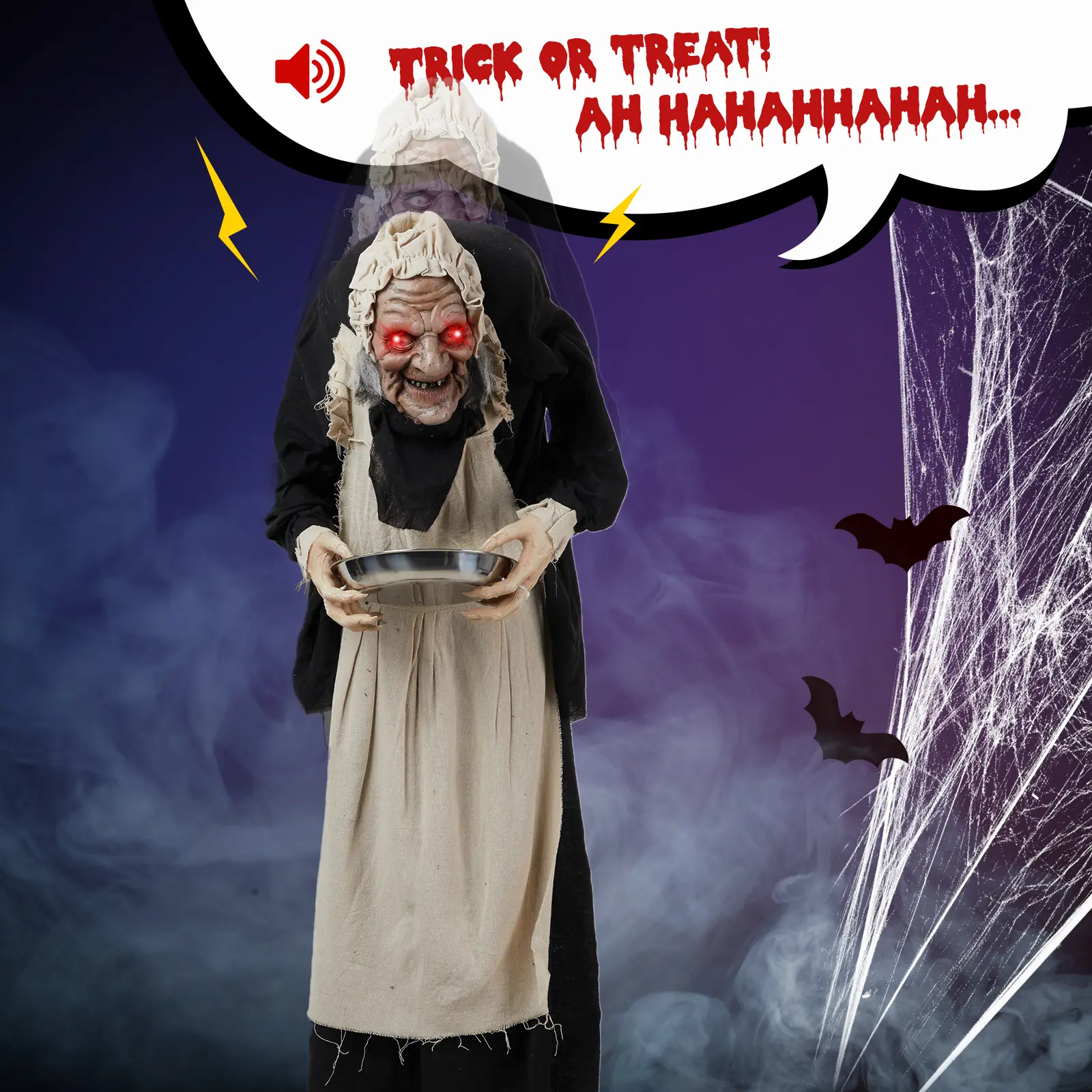 Halloween Horror Standing Figure Decorations - Sound-Activated LED Glowing Eyes, Popping Animated Animatronic, Talking Scary Character Props for Enhancing Horror Atmosphere, Battery-Powered (Batteries Not Included)