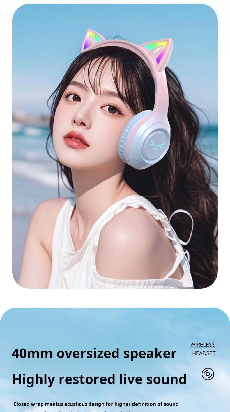 Wireless Bluetooth Cat Ear Headphones LED Light Up Foldable Over Ear with Built in Microphone Long Battery Life for Phone Tablet iPad Laptop Computer Cute Gift for Kids Teens and Adults