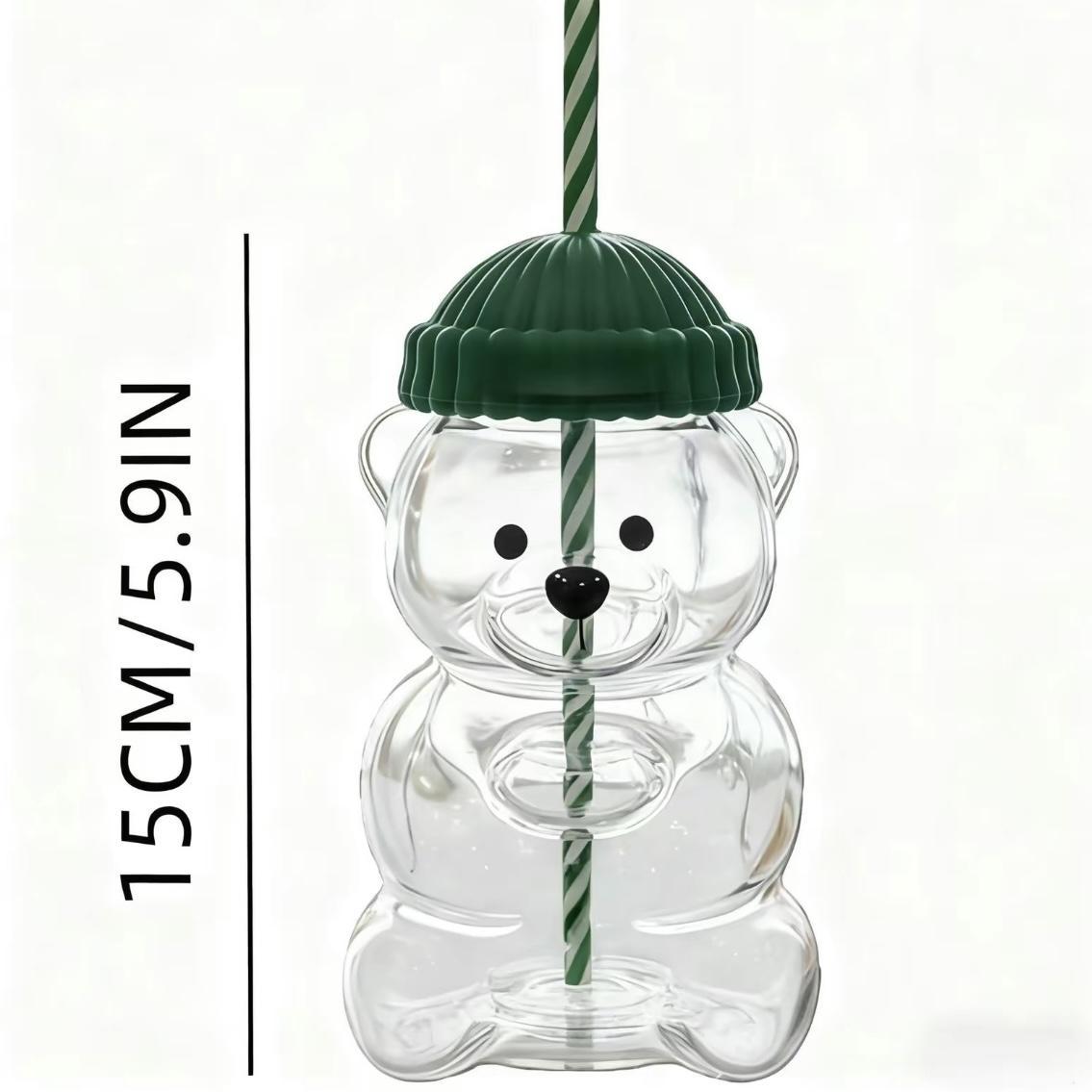 Holiday Bear Glass Cup with Straw, Cute Bear Cold Drink Cup, Festive Coffee & Beverage Glass, Adorable Bear Cup with Green Hat Lid, 2025 Seasonal Drinkware