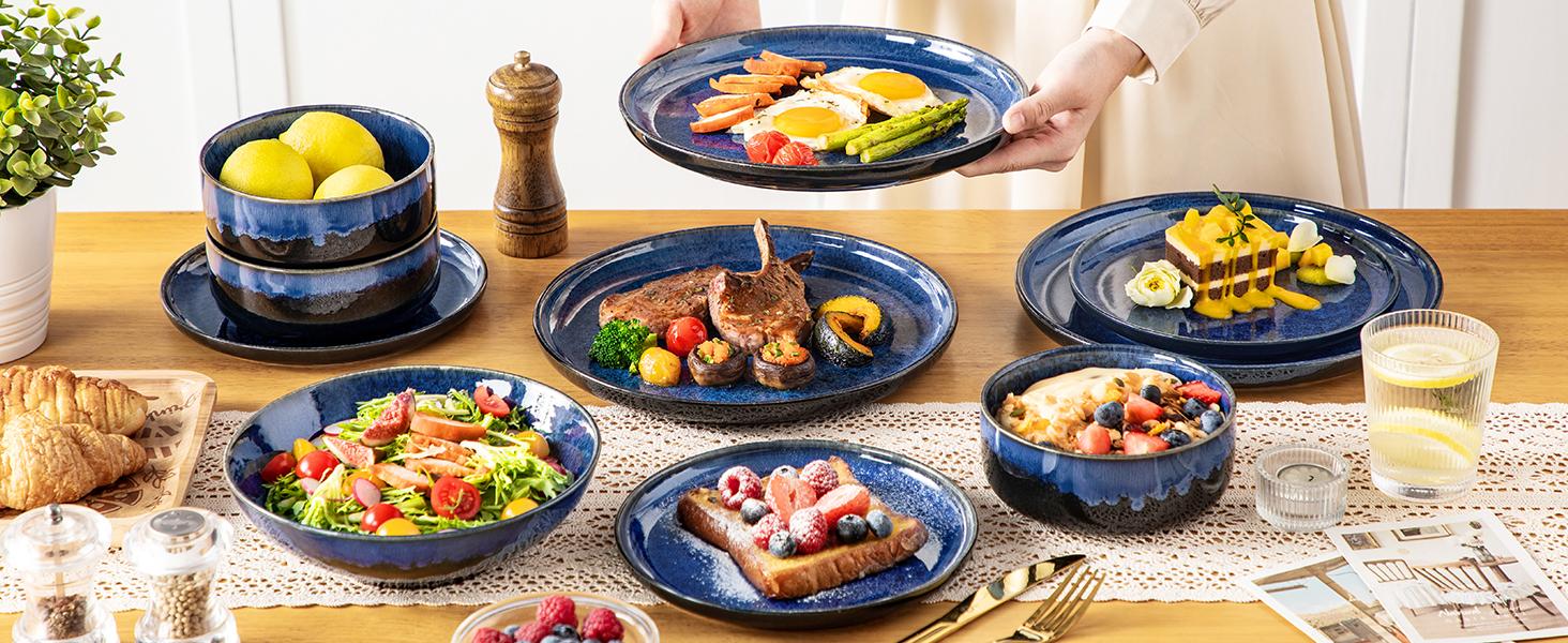 Vancasso Starry Lipped-Edge Piece Dinnerware Set, Reactive Glaze Plates & Bowls Set, Stoneware Set, Dishwasher, Microwave Safe, Cutlery Tableware set, Includes Dinner Plates, Dessert Plates, Soup Plates and Cereal Bowls