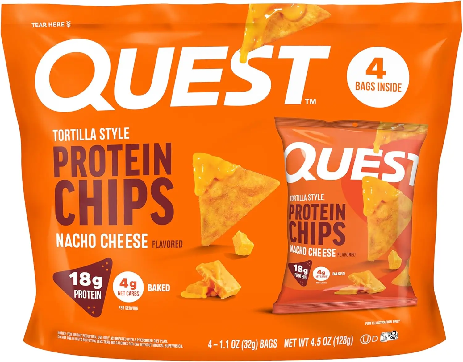 Quest Tortilla Style Protein Chips - Crispy, Crunchy Nacho Cheese Flavor Protein Snack, 1.1oz, 4 Ct