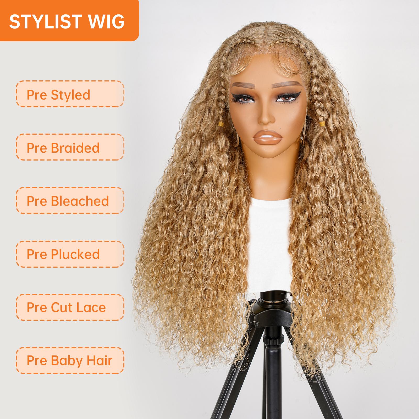 [Clearance Sale] Wiggins Hair #27 Honey Blonde Pre Braided Water Wave Wig 13x4 Lace Frontal Wig Human Hair Stylist Wig Ready To Go Glueless Pre Cut Lace Pre Plucked