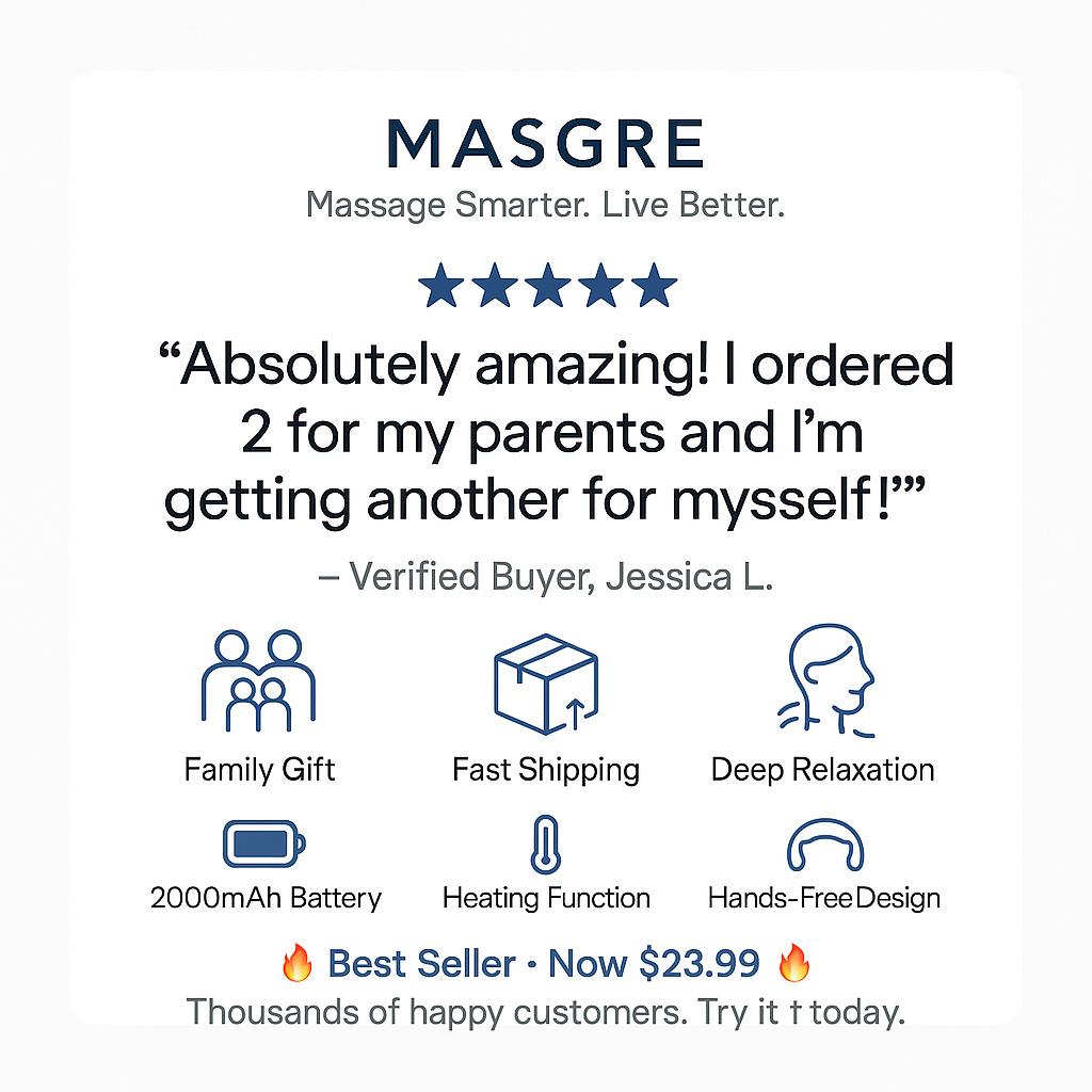 MASGRE Upgraded Cordless Neck & Shoulder Massager 6D Deep Kneading with Infrared Heat Dual Modes & 2000mAh Battery for Relaxation Hands-Free Gift for Men Women Parents