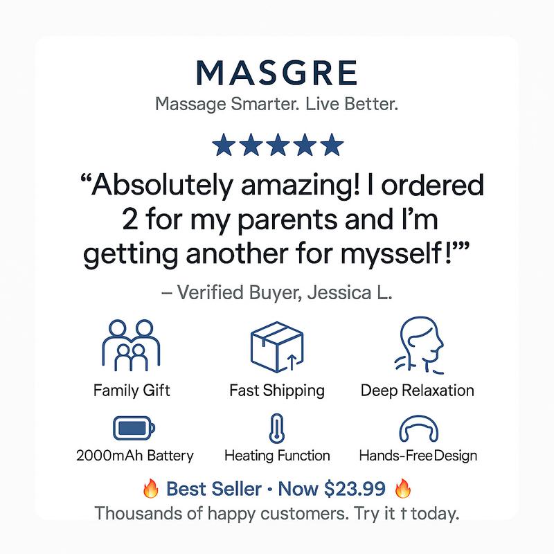 MASGRE Upgraded Cordless Neck & Shoulder Massager 6D Deep Kneading with Infrared Heat Dual Modes & 2000mAh Battery for Relaxation Hands-Free Gift for Men Women Parents