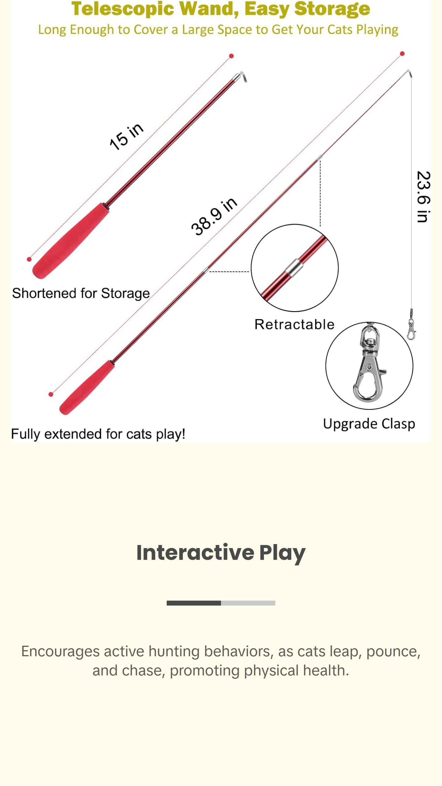 Interactive Cat Toys - Retractable Wand Toy and Feather Toys Refills for Indoor Cats to Chase and Exercise