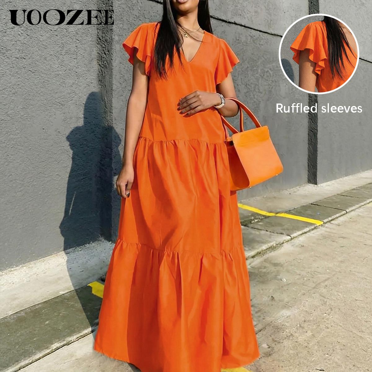 UOOZEE Women's Bright Chic Loose Short Sleeve Pleated Pocket Solid Color Slit V-Neck Maxi Dress Summer Casual Basic Cotton Blend Machine Washable Holiday Dress Womenswear Minimalist (Size is one size larger, it is recommended to order one size smaller)