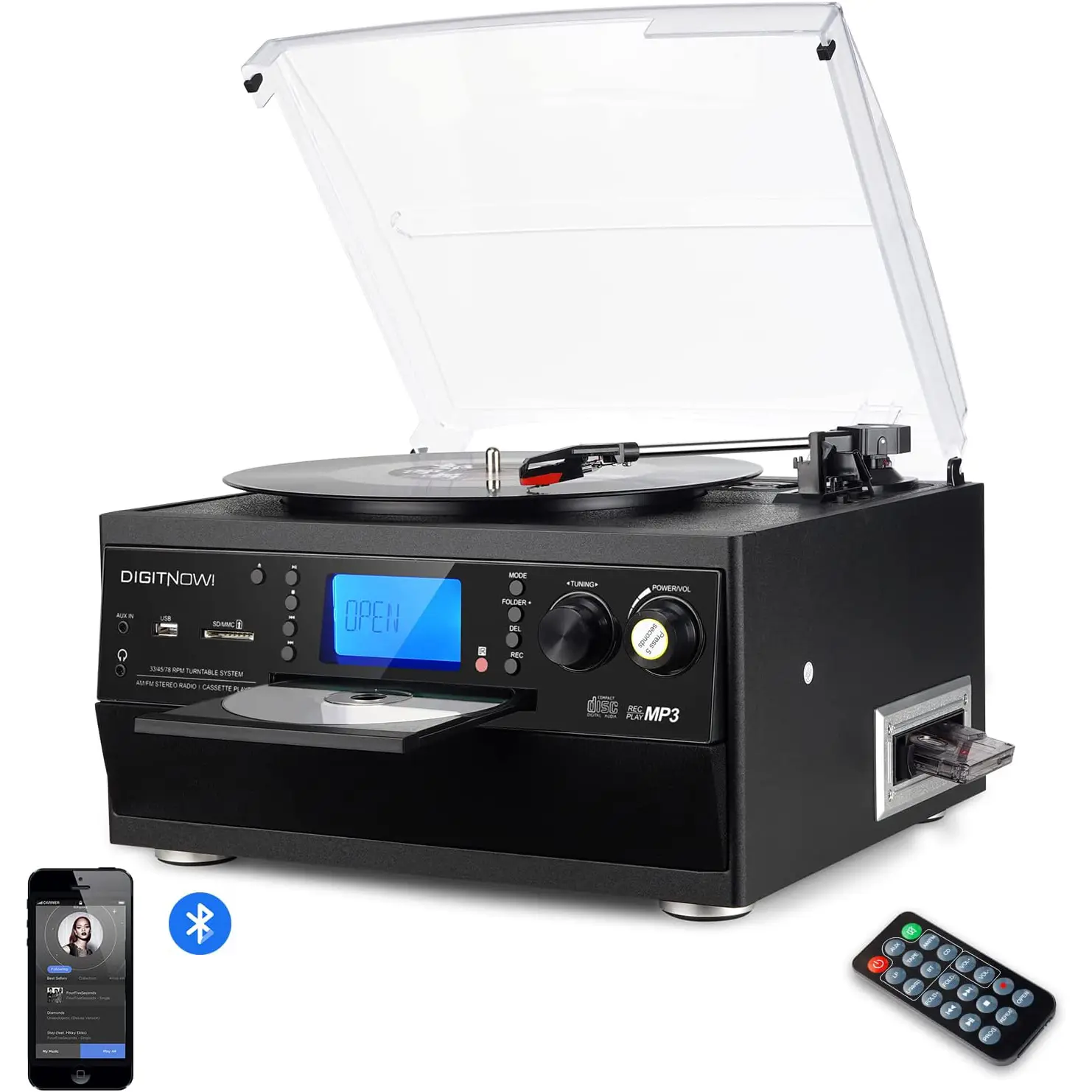 DIGITNOW Bluetooth Record Player Turntable with Stereo Speaker, LP Vinyl to MP3 Converter with CD, Cassette, Radio, Aux in and USB/SD Encoding, Remote Control, Audio Music Player Built in Amplifier, Christmas Gift