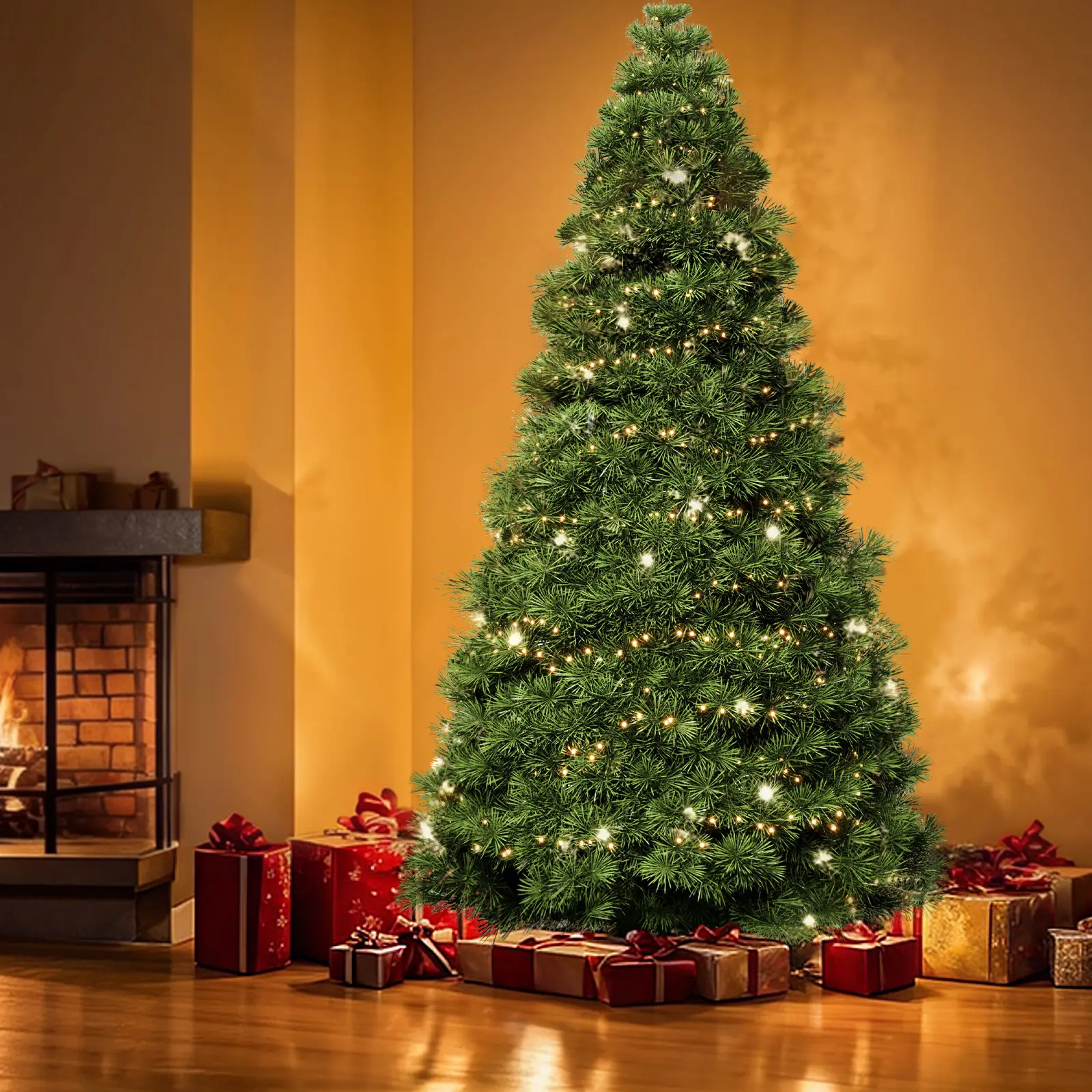 Pre-lit Artificial Christmas Tree with Branch Tips 250 Incandescent Lights Foldable Base for Home Office Party Green White Snow Flocked Design Diy Ornament Doorframe Ornament
