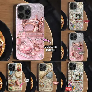 Custom Sewing Phone Case, Custom Name Knitting Yarn Cover, Aesthetic Crafty Seamstress iPhone Shell, Quilting Hobbyist Gift, Rose Gold Sewing Kit Accessory, Protective Shockproof DIY Art Case 17 Pro Max 16 Plus 15 14 13 Mini 12 11