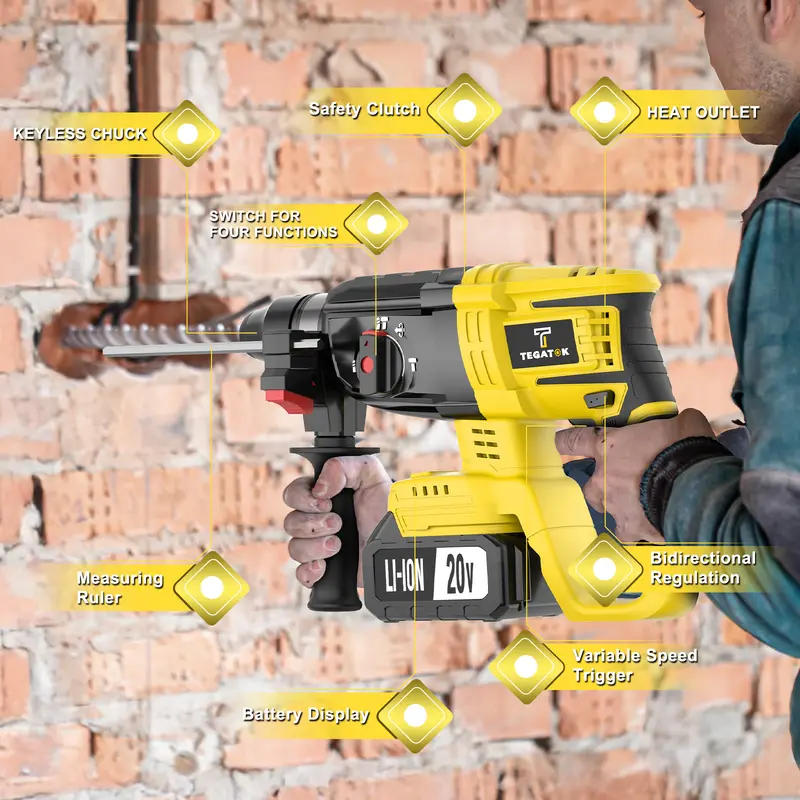 Cordless rotary hammer with auxiliary handle, mode selector and depth guide