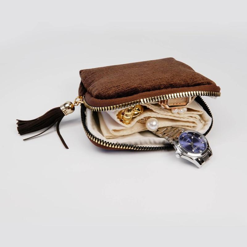 BOOVO  jewelry zippered pocket case Travel Jewelry Bag Portable Organizer with 5 Compartments Velvet Satin Lining Tassel Zipper for Rings Bracelets Necklaces Tassel Bag Boxes