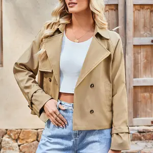 Casual Cropped Trench Coat for Women Lapel Collar Double Breasted Short Jacket Springfresh