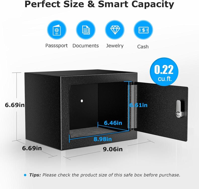 Bonsaii Steel Construction Safe Box with Key Lock, 0.22 Cubic Feet Small Hidden Safe for Home – Secure Money,Cash, and Jewelry (6.69” x 9.06” x 6.69”)