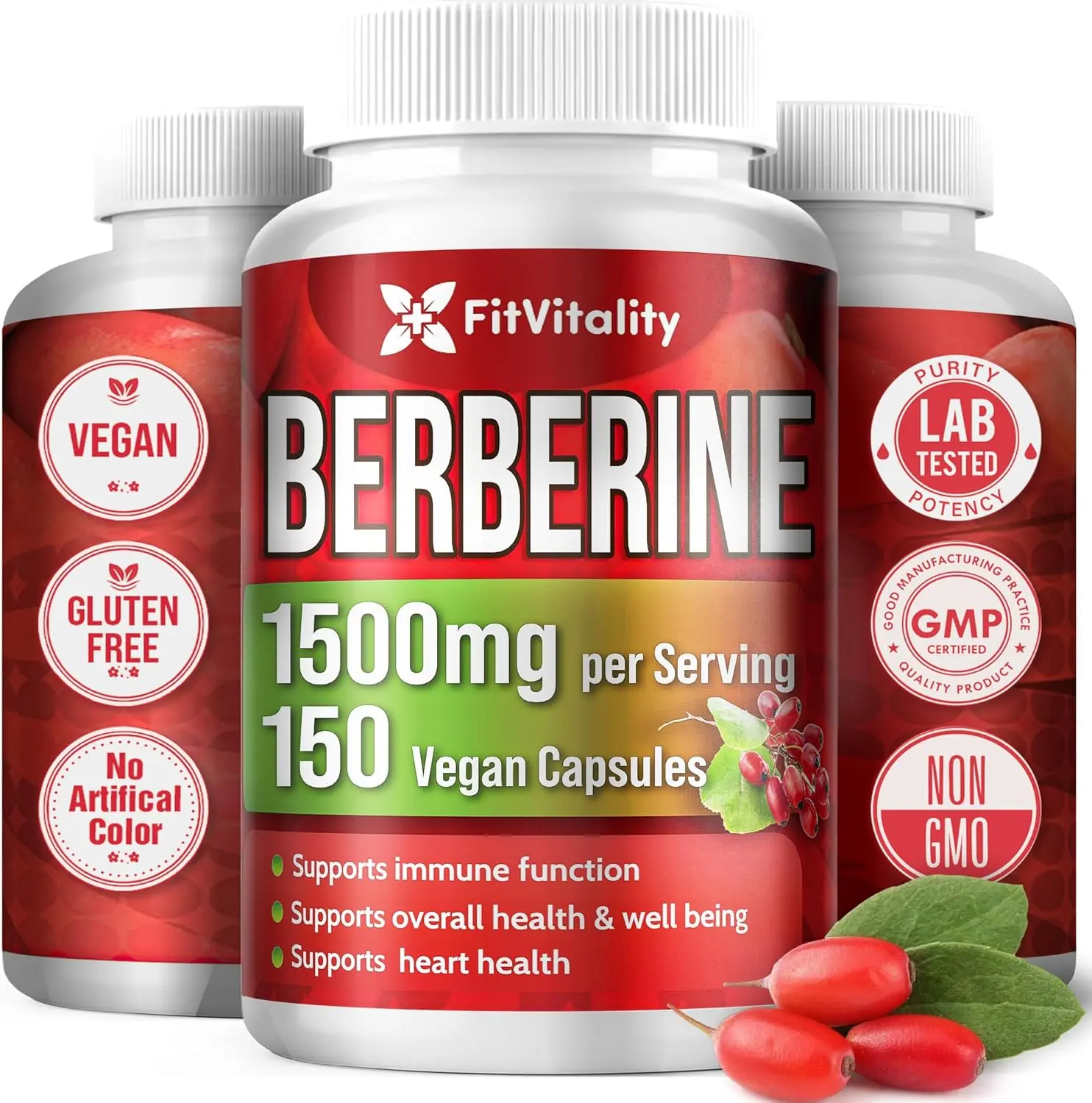FitVitality Premium Berberine Antioxidant Dietary Supplement – 1500mg Per Serving, 150 Vegan Capsules, Antioxidant Herbal Blend, Non-GMO & Gluten-Free Daily Wellness Formula