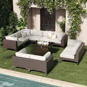 LayinSun 11-Piece Outdoor Modular Wicker Sectional Sofa Sets with Fire Pit Table, Patio Furniture Conversation Set with Deep Seating and Thick Cushions
