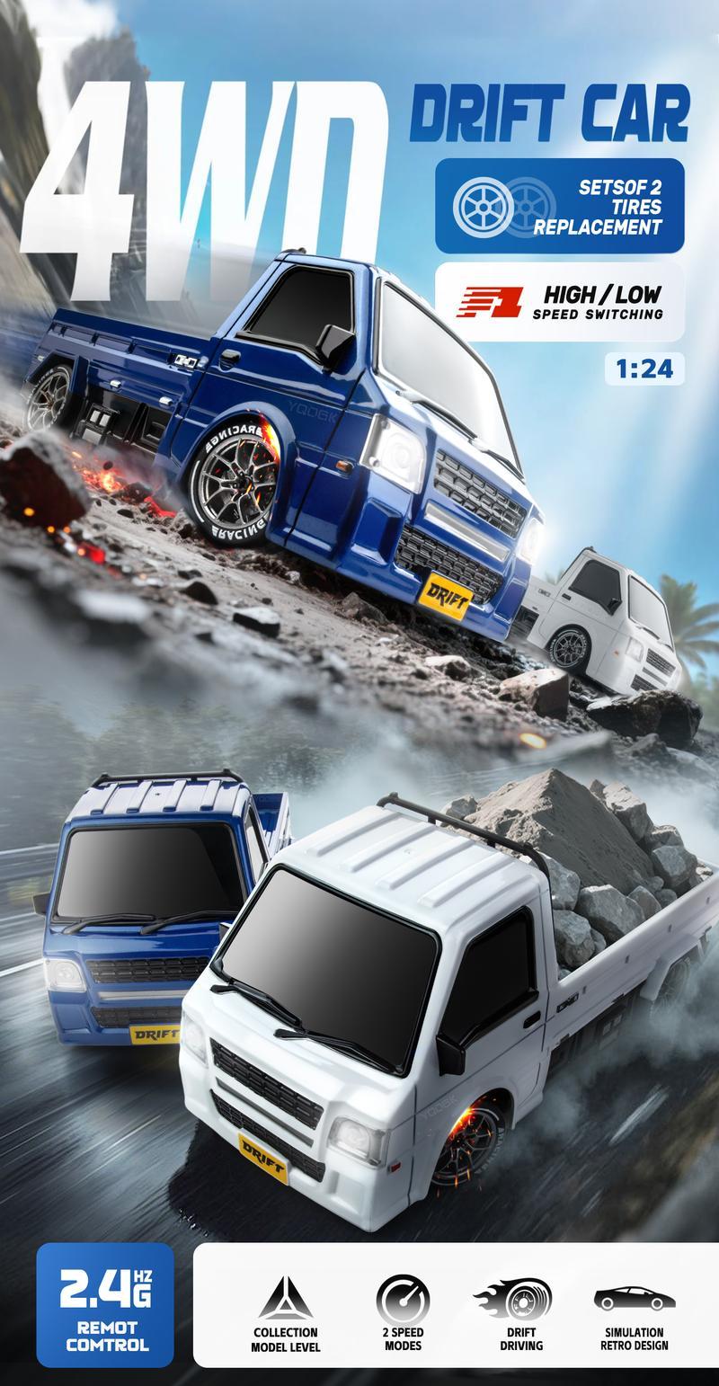 Drift Pickup Truck 1:24 Scale 4WD Remote Control Car with Dual Tire Sets Realistic Design 16-18 km/h Speed 2.4GHz Control 49-66 ft Range Blue/White