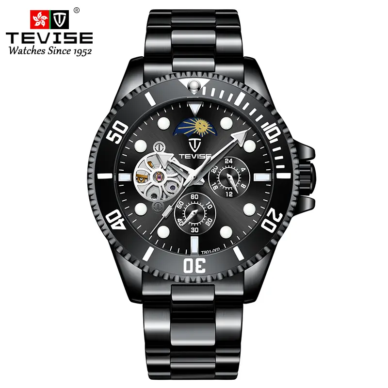 TEVISE Men's Skeleton Sports Watch - Moon Phase, Steel Band, Luminous Waterproof