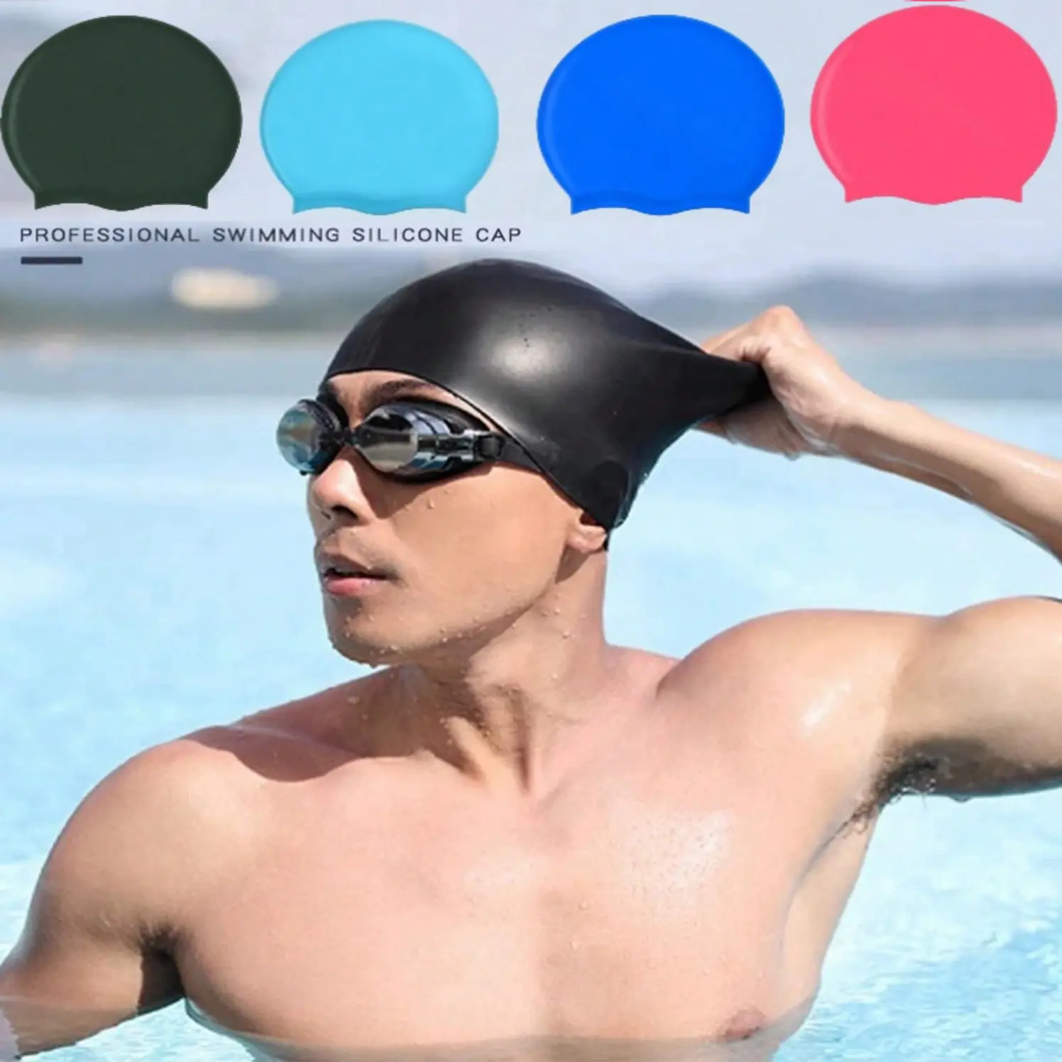 Silicone Adjustable Swim Cap with Ear Protection, Waterproof Swimming Hat for Long Hair Women & Men, Non-Chafing Bathing Cap for Water Sports, Swim Bonnet, Swimming Caps