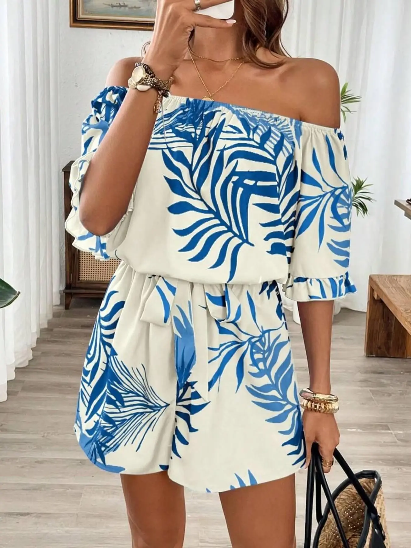 Women's Tropical Print Off-Shoulder Lightweight Romper, Bohemian Style, Ruffled Sleeve & Hem, Cinched Waist, Stylish & Comfortable Summer Wear