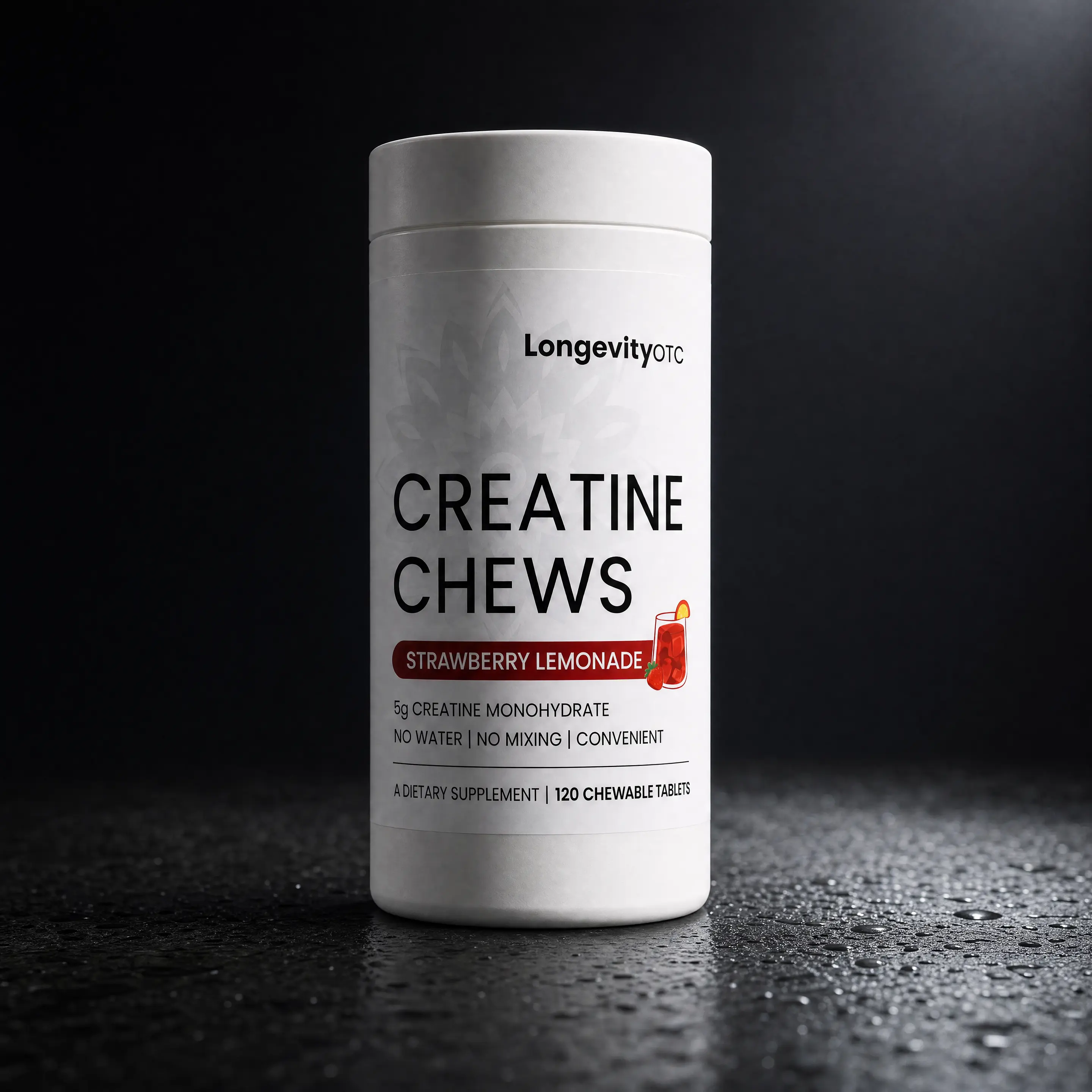 LongevityOTC Pure Creatine Chewable Tablets - 5g Per Chew, Strawberry Lemonade Flavor, Low Sugar, 10 Calories Per Serving, 120 Chews, Metabolism & Brain Health Support, Portable No-Rinse Hassle-Free Diet Supplement for Fitness Wellness Goals