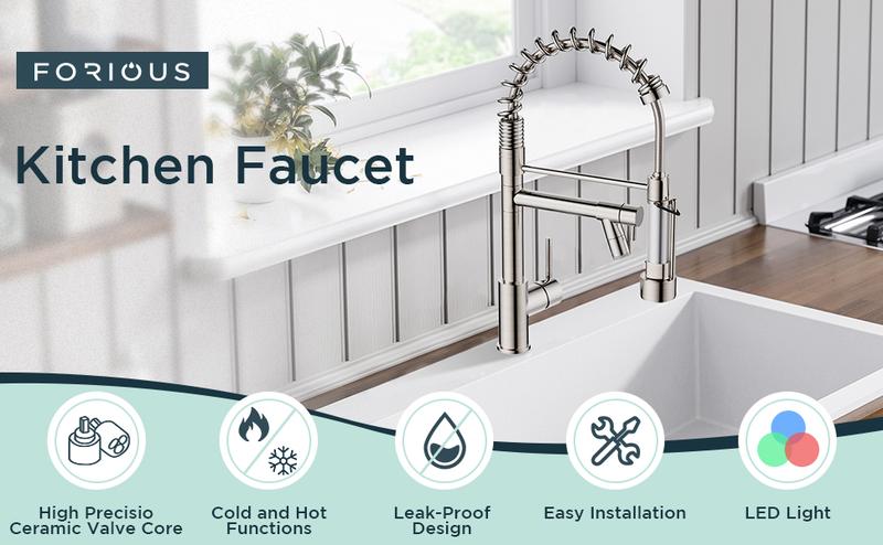 FORIOUS Commercial Spring Kitchen Faucet with Dual Heads & LED Stainless Steel Pull Down Sprayer Standard Aerator 360° Swivel Matte Black
