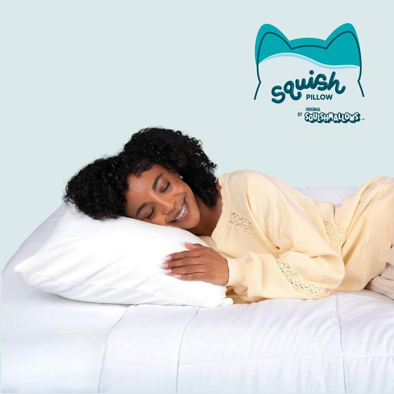 SquishPillow Bed Pillow and White Pillowcase 2-Pack Super Soft Signature Fibers Ergonomic Comfort Support Soft Medium or Firm Firmness