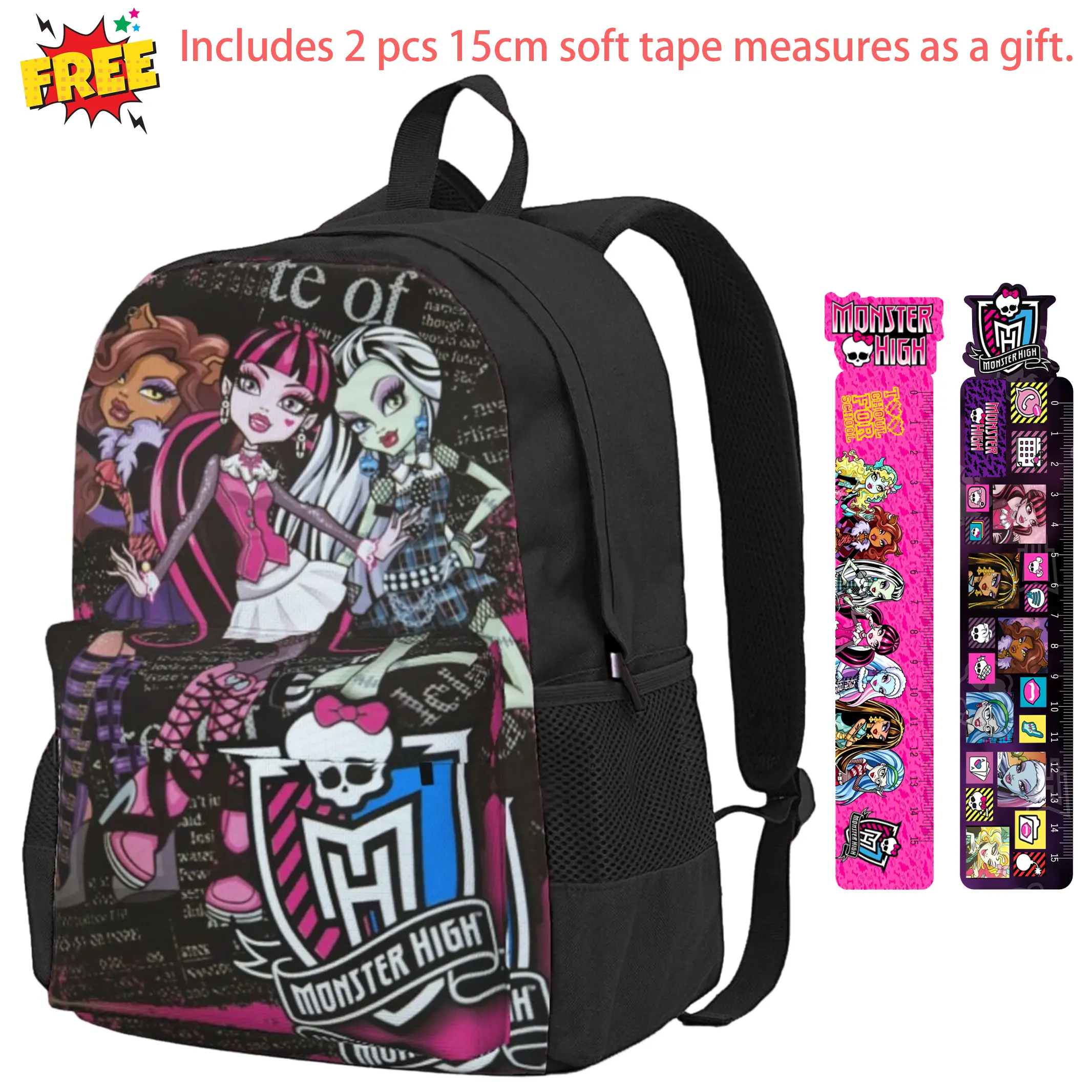 Monster High Cartoon Kids School Backpack, Lightweight Full-Print Zipper Daypack for Casual Carry, Back to School Holiday Gift