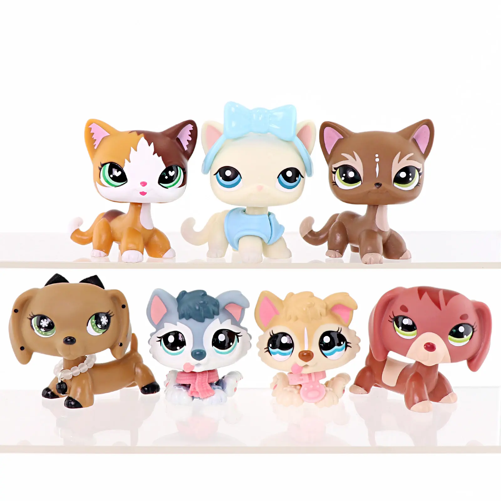 7-Pc Mixed Cartoon Animal Figurines Animal Pack, Cute Unisex Cat Husky Dachshund Action Figures with Dress-Up Accessories, Age 4+ Hobby Gift for Pretend Play & Desktop Decor