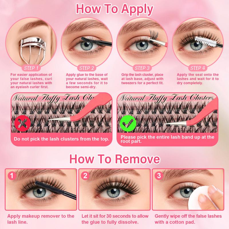 Cluster Lash Extension Gift Set, 30D 40D 60D 80D 100D Natural Styles Cat Eyes Extra Volume, Soft & Lightweight, with Bond & Seal, Remover, Tweezers, Brush, Easy DIY Eyelashes at Home, Salon Look at Home, Long-Lasting Glamorous Effection Valentine's Day