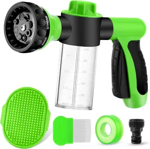 Dog Wash Sprayer Outdoor, 8-in-1 Dog Sprayer Hose Attachment with Massage Brush and Pet Grooming Comb, 3/4 Inch Standard Garden Hose Nozzle for Watering Flowers, Car Washing, Pet Bathing(Green)