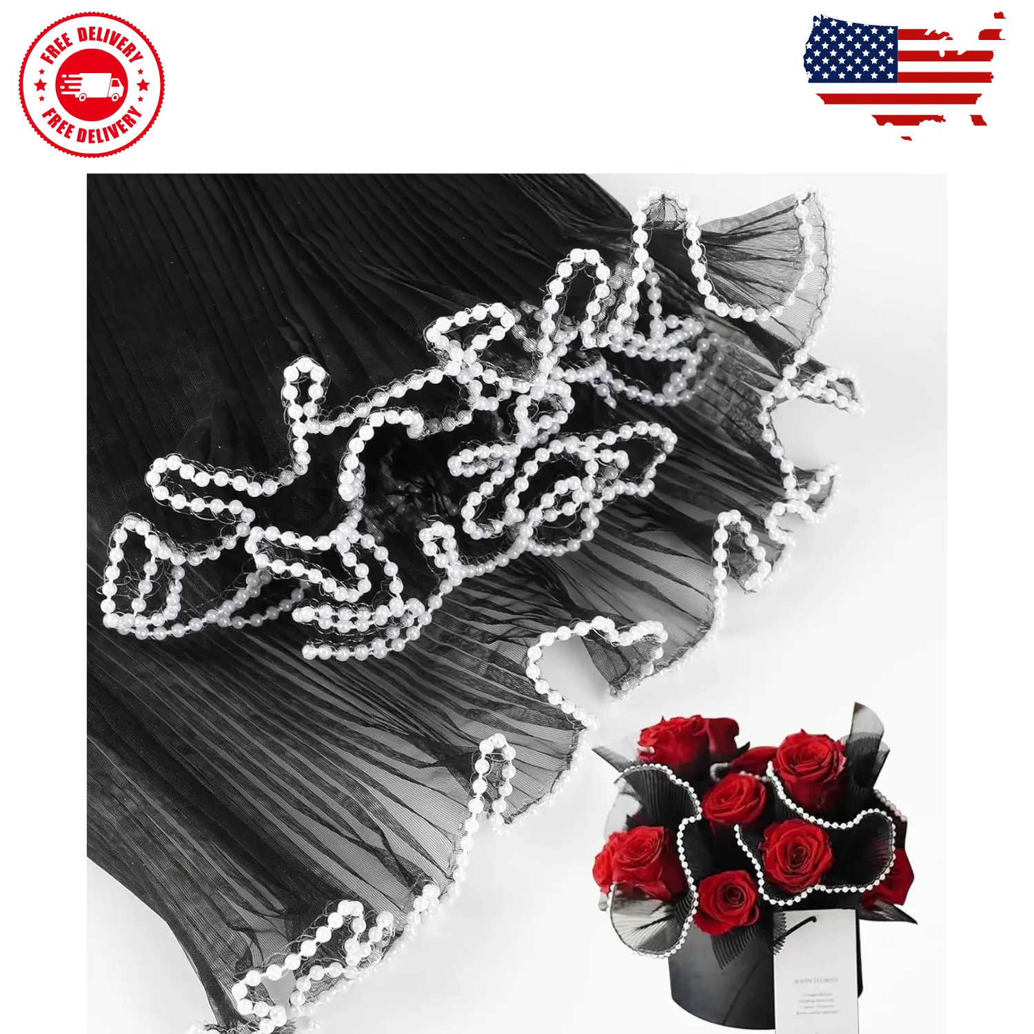 4.37 Yards Flower Wrapping Mesh Paper, Pearl Wrinkled Wavy Net Yarn (Black)