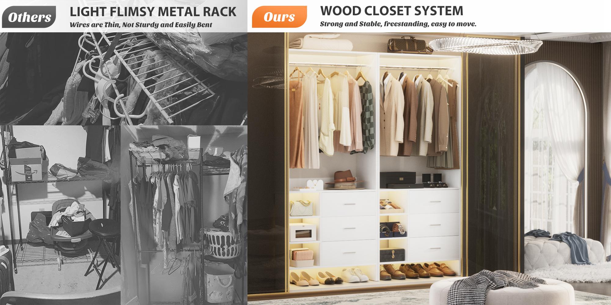 30'' W  Freestanding Closet System with 3 Wooden Drawers and Hanging Rod, Sturdy 2.5 FT Walk-in Closet Organizer with Storage Shelves