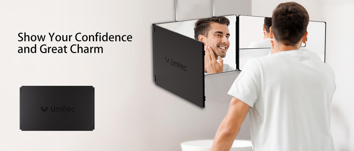Umitec Adjustable LED Light 3 Way Mirror, Portable Trifold Mirror for Shaving, Grooming, Hair Styling, Dye Hair, Makeup, Braiding, 360 Degree Mirror