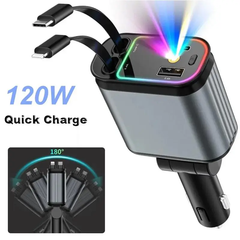 120W 4-in-1 Retractable Cable Fast Car Charger with Atmosphere Lamp, Star Top Light, 12-24V High-Efficiency USB-C Ports, Super Fast Charging High Speed Dual-Port USB-C Charging Adapter, Retractable 3-in-1 Adapter Car Accessory, High Speed Charger