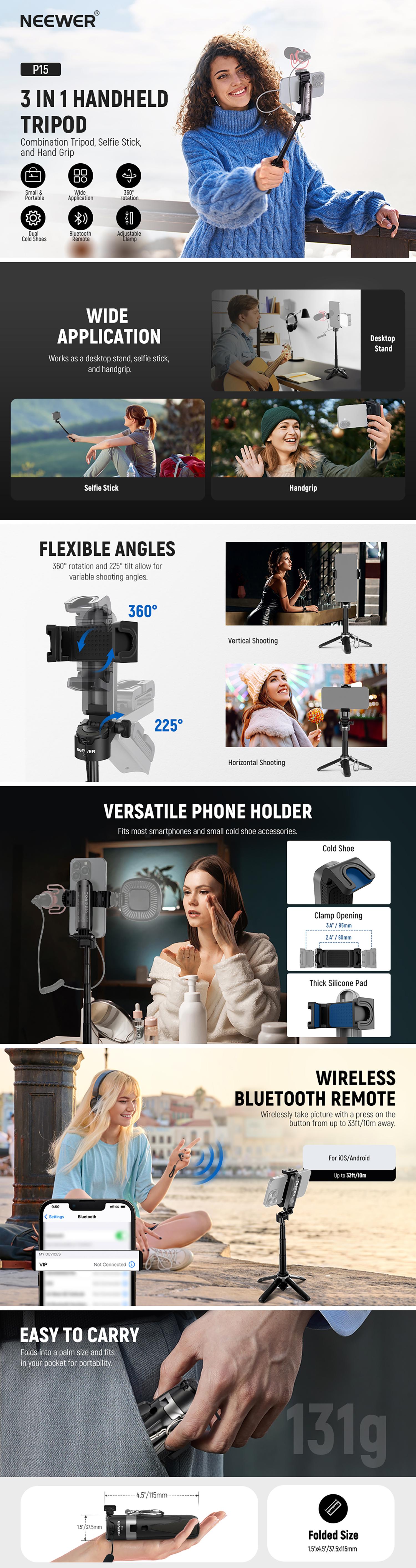 NEEWER P15 Foldable Selfie Stick Tripod with Bluetooth Remote – Extendable 3-in-1 Phone Stand for Vlog, Travel & Group Photos