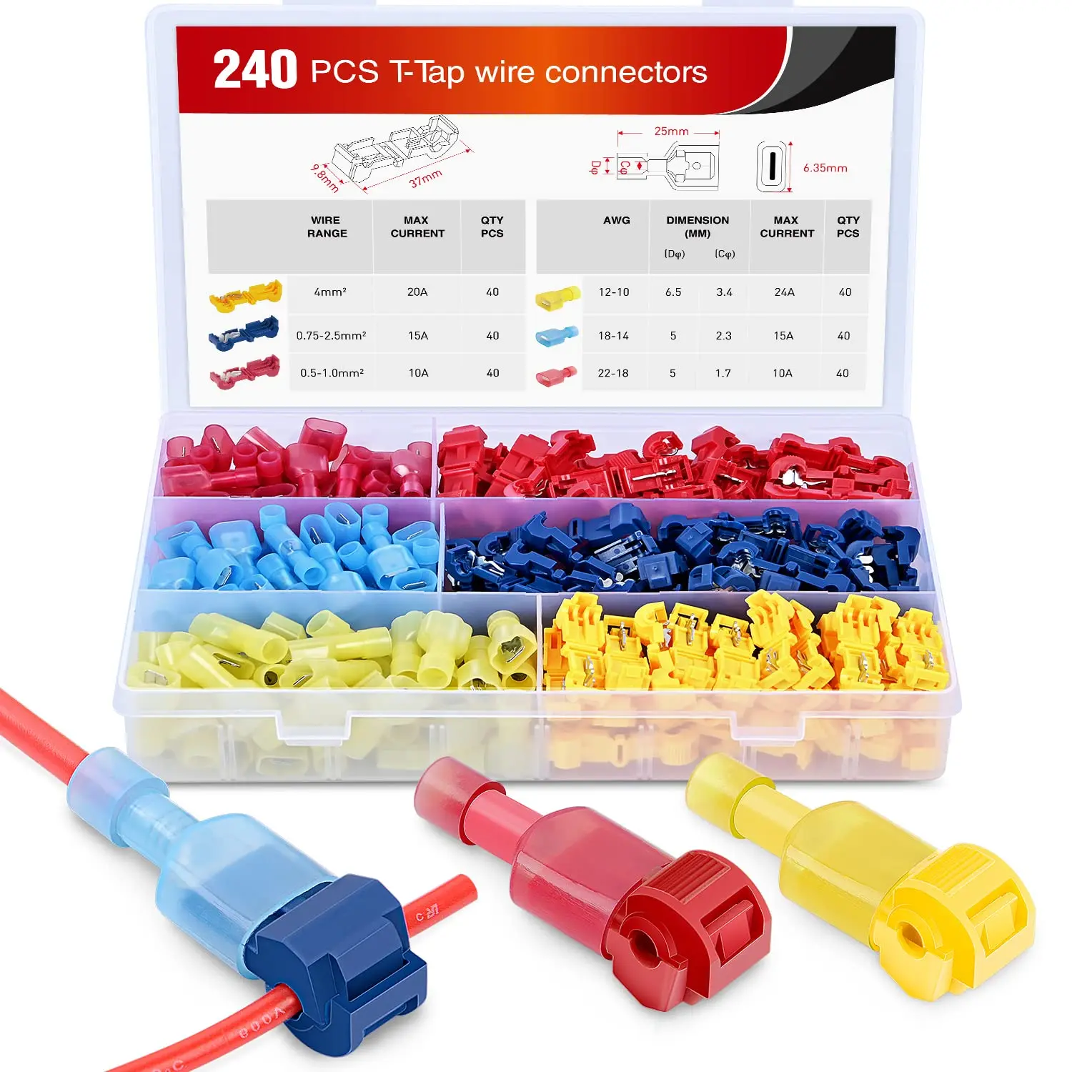 Nilight Safety and Reliable Scientific Cable Connector Kit, 240Pcs/120 Pairs Inflight Self-Stripping T-Tap Splice Wire Terminals with Nylon Fully Insulated Male Quick Disconnects for Home Wiring Projects, Marine Use (Father's Day Gift)