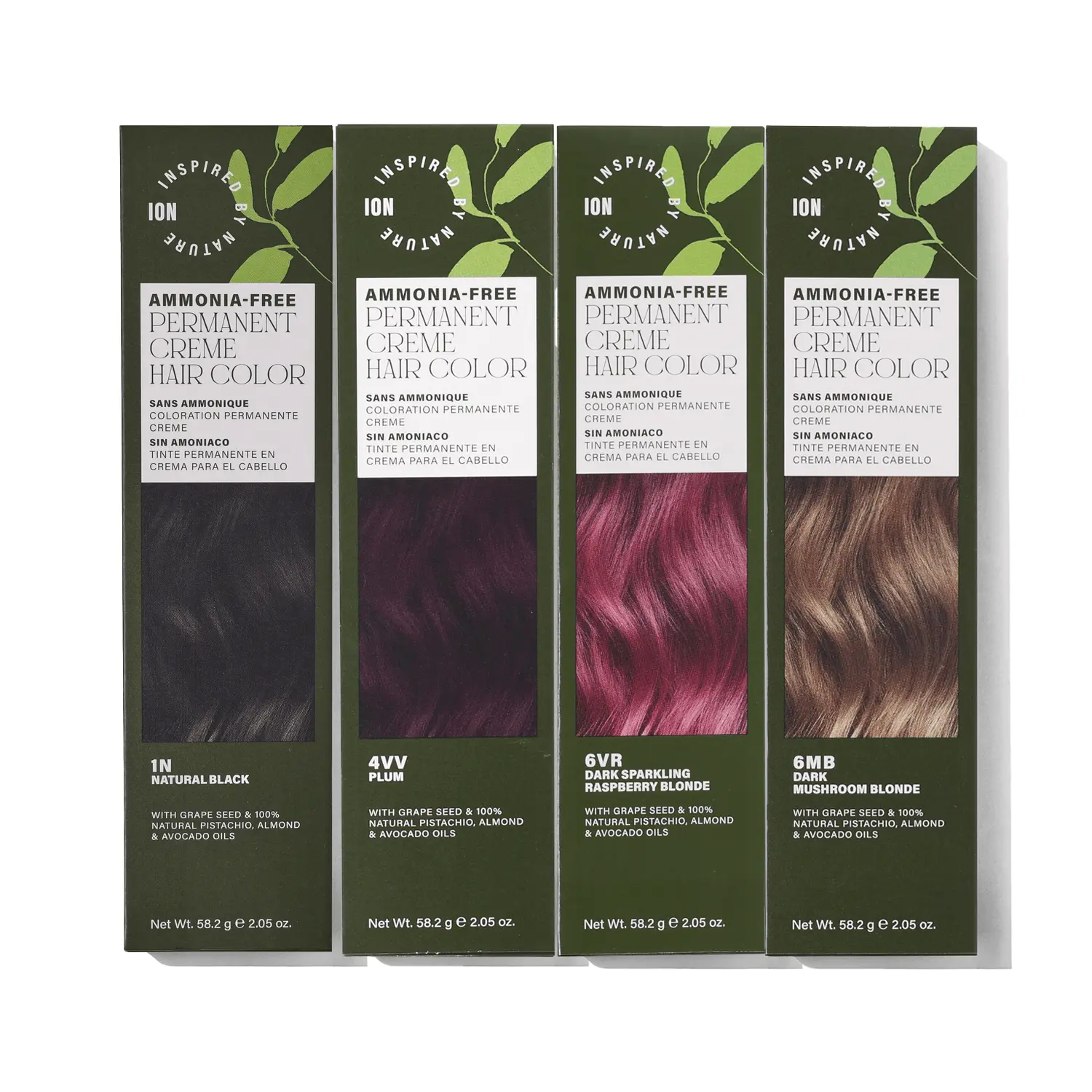 ion Inspired By Nature Permanent Hair Color, made from 100% naturallyderived polymers, cruelty free, vegan, PPD free, recyclable packaging, 2.05 oz