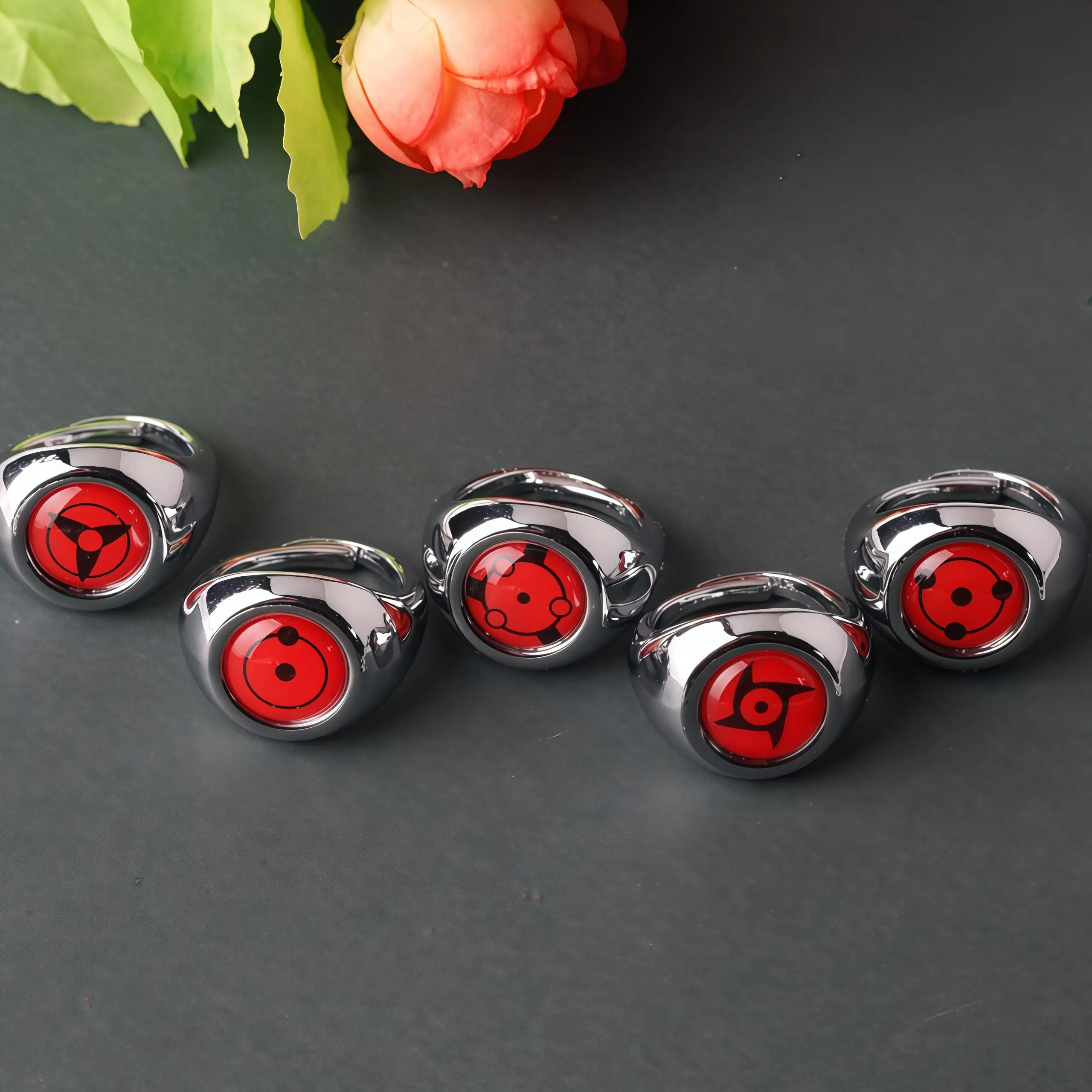 10-Piece Akatsuki Ring Set, Collectible Sharingan Costume Jewelry for Anime Fans, Adjustable Alloy Rings for Cosplay with Necklace & Gift Box, Costume Jewelry Accessory, Stackable Ring Set