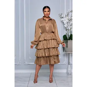 COLLAR BUTTON DOWN TIERED RUFFLE ORGANZA DRESS (BROWN)
