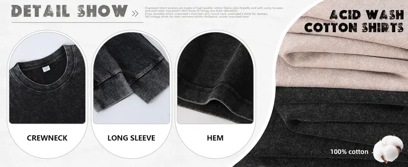 Arssm 3-Pack Unisex Long Sleeve T-Shirt – Vintage Acid Wash Baggy Cotton Tee for Streetwear, Casual Outfits & Layering