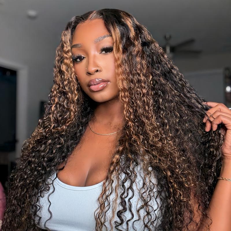 QUANDIAN 13X6 Burmese Curly Glueless Highlight Lace Front Wigs Human Hair Pre-Cut HD Lace Beginner Friendly Pre Bleached Upgraded Drawstring for Women