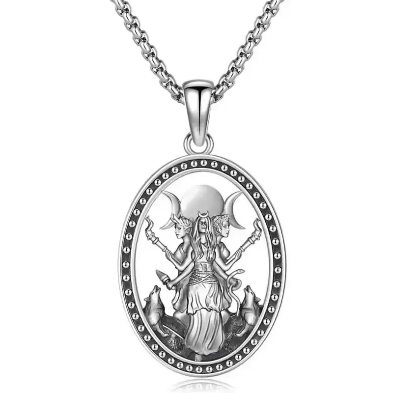 Vintage Hecate Triple Moon Necklace | Gothic Witchy Pendant with Wolves for Men & Women
