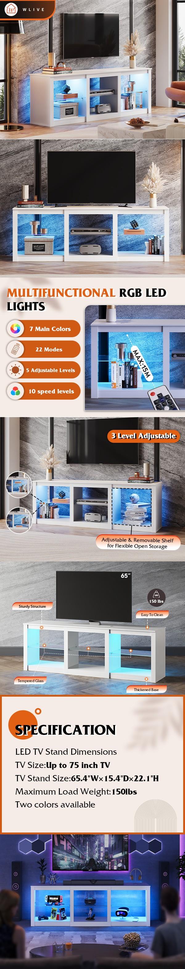 WLIVE TV Stand for 55/65/75 Inch TV, Modern Entertainment Center with LED Lights & Adjustable Glass Shelves, Sturdy Media Console for Living Room, Bedroom,Gaming