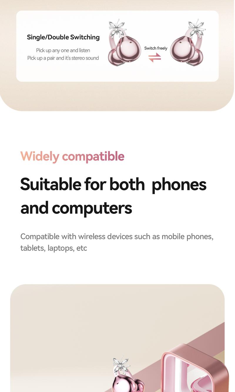 CHENRUIDA Open Ear Bluetooth Earbuds with Bow Ear Jewelry, Makeup Mirror Jewelry Case, Wireless Ear Clip Headphones, Perfect for Workouts, Office, Travel and Fashion Lifestyle