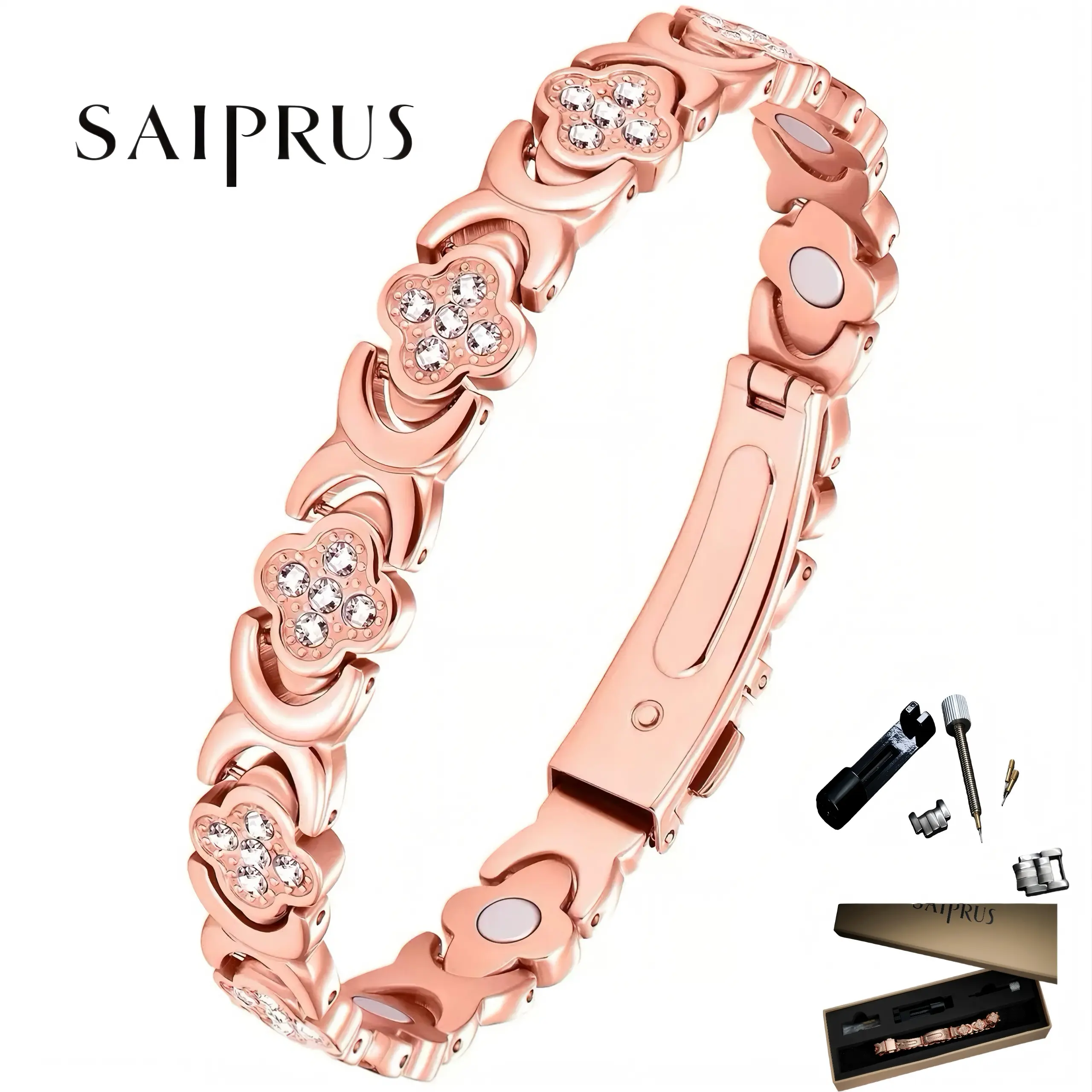 SAIPRUS Rose Gold-Plated Pure Copper Magnetic Bracelet - Lucky 4-Leaf Clover Elegant Unisex Charm Jewelry, Perfect Gift, Fashion Jewelry Accessories