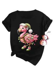 Women's Christmas Pink Flamingo Santa Hat Top 100% Cotton Fitted Short Sleeve Crewneck T-Shirt for Holiday Wear & Casual Outings Fabric Womenswear