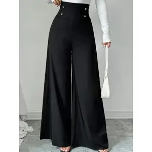 A pair of women's black high-waisted metal buckle decorated wide-leg trousers, commuting style loose and thin drooping trousers, suitable for autumn and winter, suitable for daily commuting, shopping, coffee shop visits and other scenes
